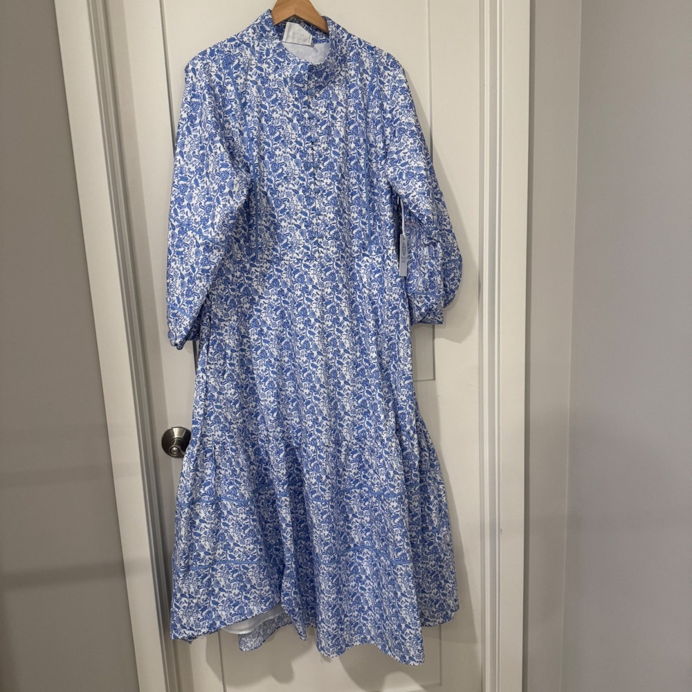 Hyacinth House Blue White Floral Tiered Maxi Dress Mock Neck AY714D XL NWT